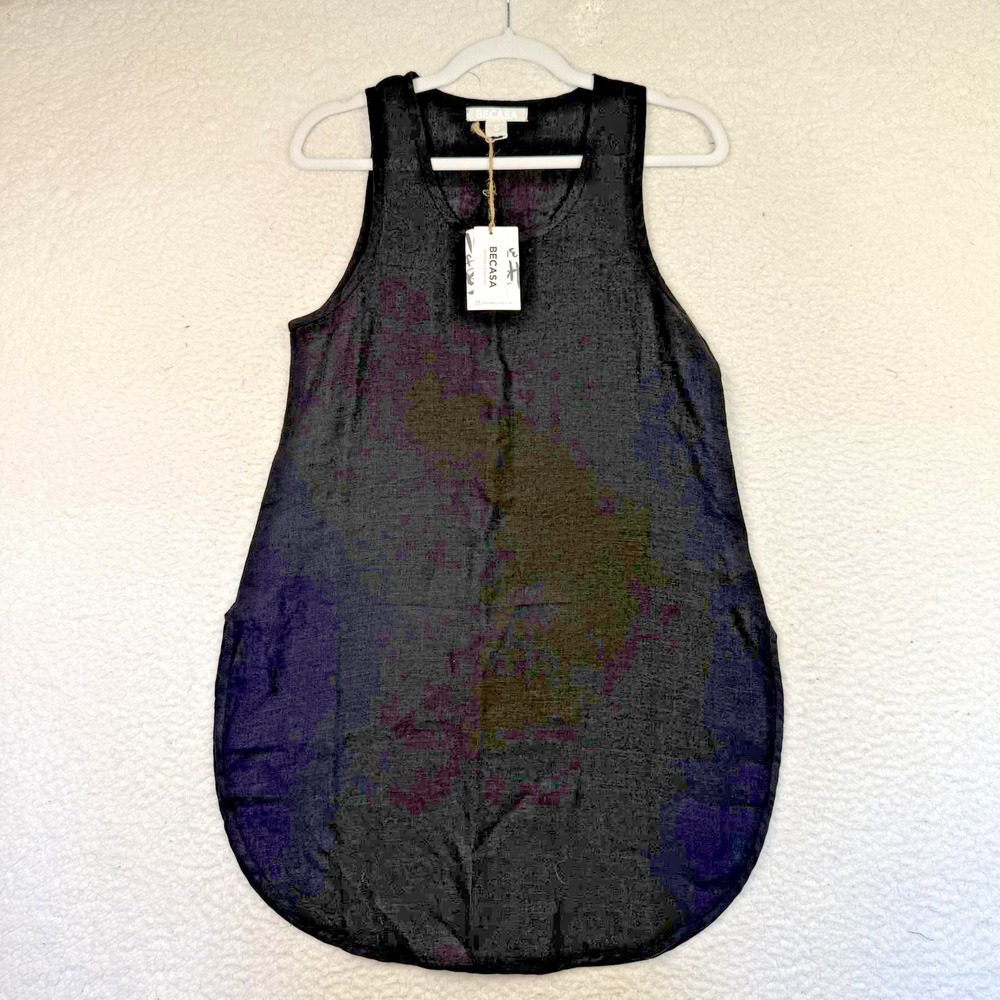 BECASA Womens Small Black Linen‎ Tank Shift Sleeveless Whimsygoth Summer New